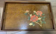 天然木製トレー 長手盆 花柄　手造り木製漆器 茶道具　トレイ　お盆