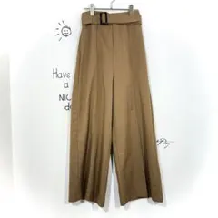 イング ワイドパンツ(M)ベルト ストレート ブラウン ハイウエスト 無地