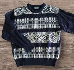 幾何学模様 ウール入り ニット セーター ゴルフ Lサイズ ネイビー