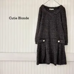 ニットフレアワンピ ボーダー 茶 黒 プリーツ M 上品 綺麗め 大人可愛