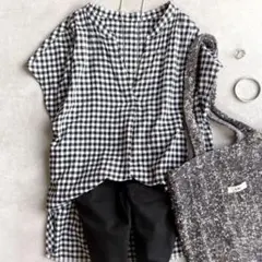 美品▲PLSTプラステ//ギンガムチェック柄フレンチスリーブシャツ▲ゆったりのサムネイル