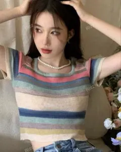 SHEIN ストライプクロップニットトップ