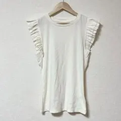 ☆ GAP (M) フリル リブ カットソー ノースリーブ フレンチ アイボリー