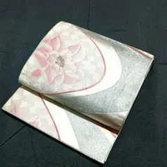 袋帯　正絹　全通柄　花柄　ピンク　シルバー