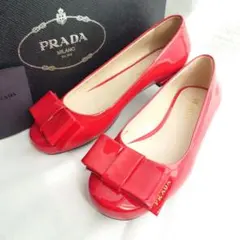 PRADAプラダ フラット バレエシューズ 靴エナメル 赤レッド リボン23,5