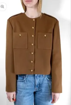 【未使用】CELINE ヴィンテージ ノーカラージャケット シャイニーゴールド CELINE ノーカラージャケット 38 ブラック ゴールド ウール コットン