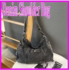 デニム ショルダーバッグ 大容量ハンドバッグ 通学カジュアル 黒