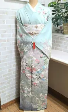 水色枝花訪問着と袋帯・帯揚げ・帯締めの4点フルセットのサムネイル