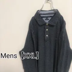 F77【US輸入】トミーヒルフィガー　長袖ポロシャツ【XXL】ネイビー　ボーダー