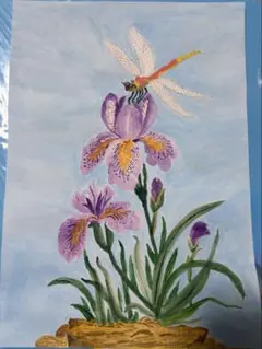 紫の花とトンボの水彩画 A4サイズ、（手書きの原画）