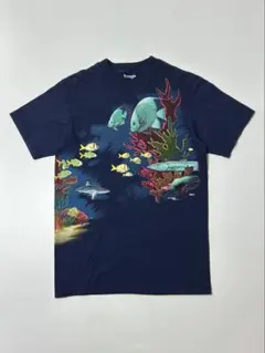 90's Hanes フィッシュグラフィック　魚　半袖Tシャツ　ネイビー　S