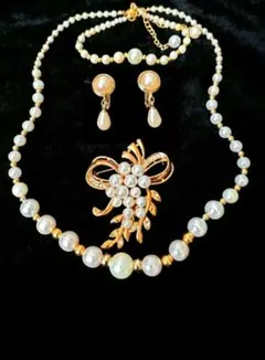 貝パール ゴールド ネックレス ブレスレット ブローチ イヤリング 4点 f21