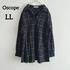 Oscope　長袖チュニックシャツ　チェック柄　紺　緑　スキッパー　LL　009