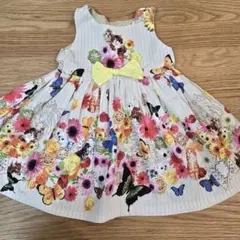 【90】花柄蝶猫プリントワンピース ハンドメイド