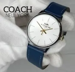 良品 COACHコーチ メンズ腕時計ブルー ブラウンレザーベルト存在感抜群 