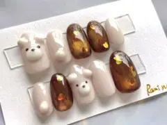 108 くまネイル　ネイルチップ ブラウン　マグネット　ハートホロ　ぷっくり
