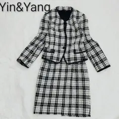 ノーカラージャケット スカートセットアップ 白黒チェック Mサイズ k4103