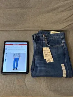 MUJI カボック混デニムストレートパンツ 32 ブルー