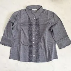 【未使用／希少】インゲボルグ ギンガムチェック フリル ブラウス 七分袖 黒×白