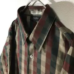 【個性派古着】長袖総柄デザインシャツ　チェック柄　赤　緑　クリスマスカラー　L