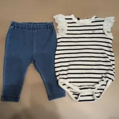 ストライプロンパースとデニムパンツセット