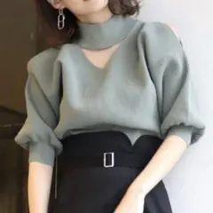 【美品】リブ編みチョーカーハーフニット 半袖 グリーン MURUA