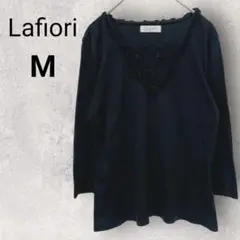 Lafiori 5・7分袖 カットソー M 黒 レース 花柄刺繍 綿 日本製