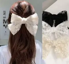リボンレースヘアクリップ ブラック　ホワイト