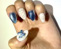 ネイルチップ 韓国 くすみブルー リボン レース ガーリー 量産型