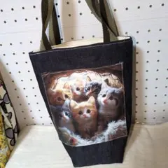 縦長トートバックパネル猫両面ハンドメイド
