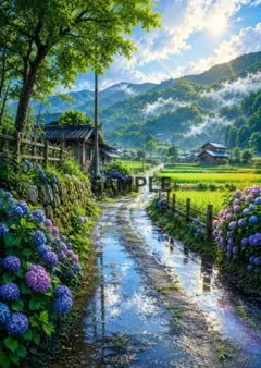 A4光沢紙】初夏の古民家と紫陽花の里山風景 - メルカリ