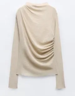ZARA サンドベージュ ドレープデザイン 長袖カットソーUSサイズ S