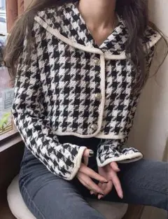 DAZY 千鳥格子プリント　セーラーカラー　コントラストバインディングジャケット