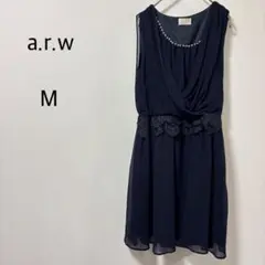 【アロー】ワンピース ノースリーブ ひざ丈 美品 レース ビジュー ネイビー Mのサムネイル