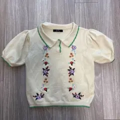 Meridian 半袖 ニット ポロシャツ 花柄刺繍 アイボリーのサムネイル