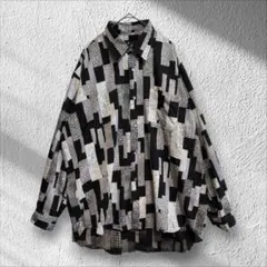 【一点物古着】アートな幾何学模様 モード系 総柄 長袖シャツ モノト【A110】