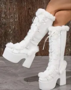 ファー付き厚底ロングブーツ ホワイト