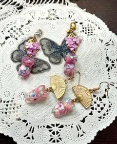 猫　キラキラ　蝶　ピアス　チャーム　セット