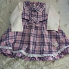 クーラクール　ウサギ刺繍付きピンクチェックワンピース