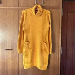 オレンジ色 タートルネック リブ編みニットワンピース ペチコート付 L 匿名配送