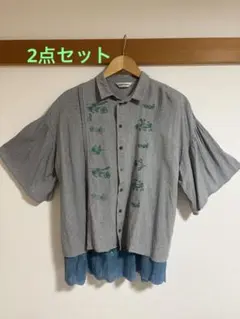 SUPER HAKKA 花柄刺繍 半袖シャツ グレー キャミソール 2点セットのサムネイル