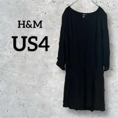 H&M【フリー】ひざ丈ワンピース　黒　ブラック　長袖　裏地あり　無地　Vネック