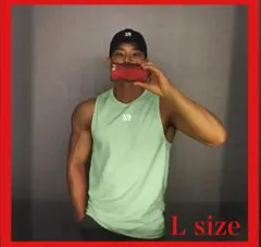 筋トレ タンクトップ ロゴ入り 吸汗速乾 シンプルデザイン　ミントグリーン　L