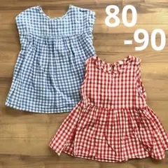 無印良品　麻リネンワンピース　ギンガムチェック水色 & 赤2点セット80〜90