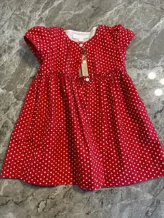 【バーバリー】赤ドッドパフスリーブワンピース　2Y/92cm