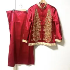 漢服　赤　サテン　金刺繍　チャイナドレス　メンズ　婚礼服　婚礼衣装　中国　美品L