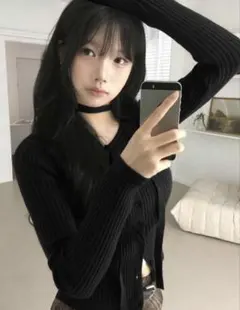 無地ニットカーディガン ブラック SHEIN