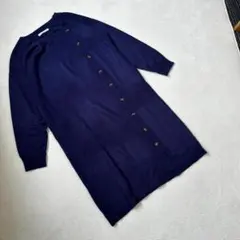 【ニコルホワイト】アクリルニット 長袖 ワンピース ネイビー ボタンデザイン