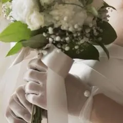 ウェディンググローブ　ショートグローブ　シフォン　パール付き