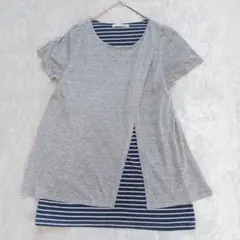 シューラルー カットソー レイヤード ボーダー 半袖 重ね着 Tシャツ 紺 白